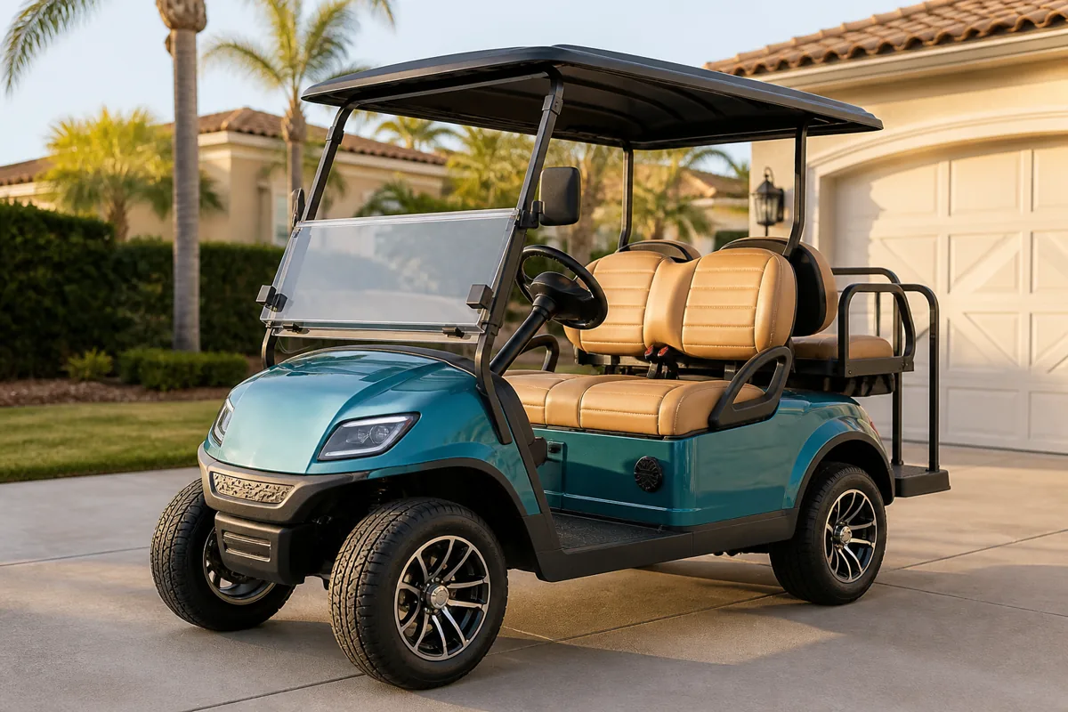 Sample teal four-seat used golf cart listing